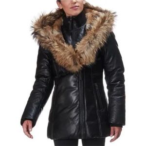 Mackage leather down jacket with fur hood. Inside attatch zip vest. Fur hood.
